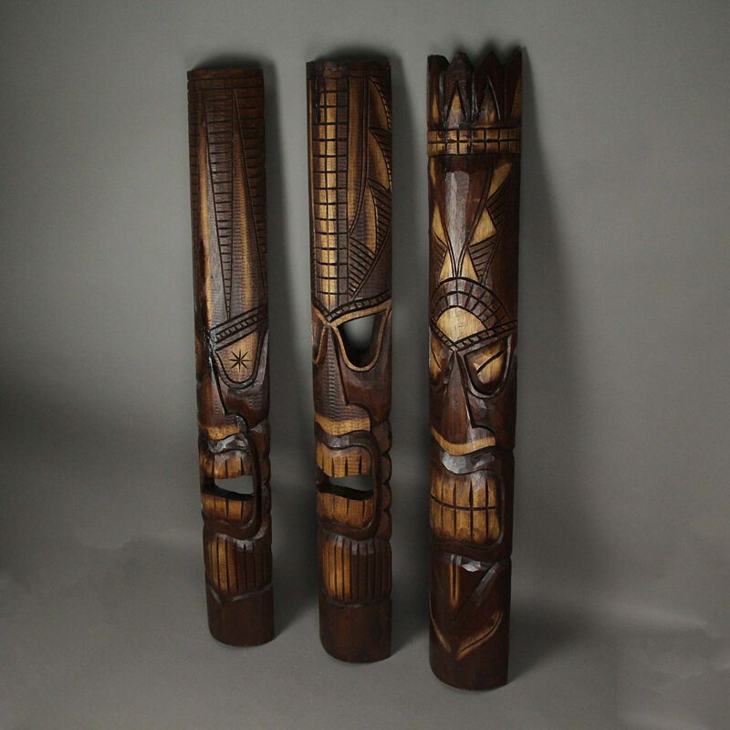 40 Inch Carved Wood Tiki God Masks Tropical Beach Hawaiian Home Decor Set of 3 image number 1