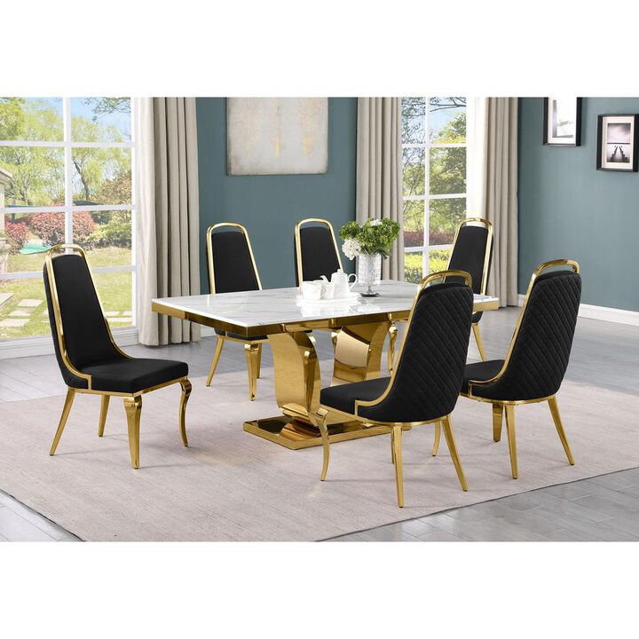 7pc Small(66") marble top dining set with gold base and 6 Black side chairs