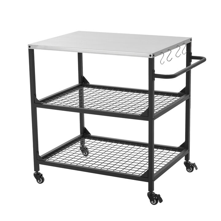 Outdoor Grill Cart with Stainless Steel Top 4 Wheels and Mesh Shelves