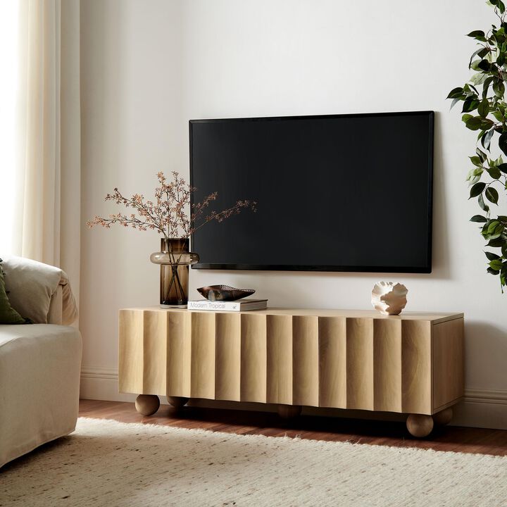Modway Sorren 54 Inch Scalloped TV Stand in Walnut &ndash; 3 Door Media Console Cabinet &ndash; Modern Storage TV Stand with Doors
