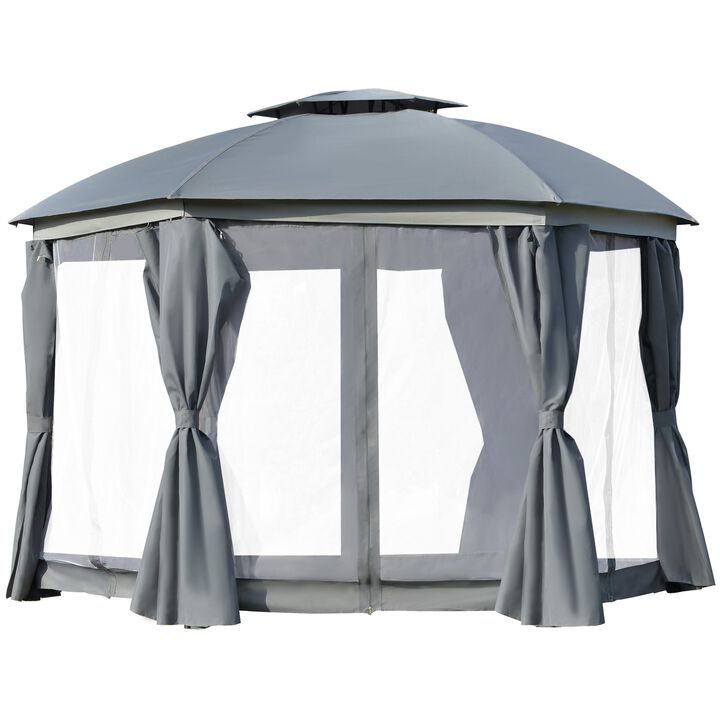 12' x 12' Steel Gazebo Canopy Party Tent Shelter with Double Roof, Curtains, Netting Sidewalls, Top Hook, Grey
