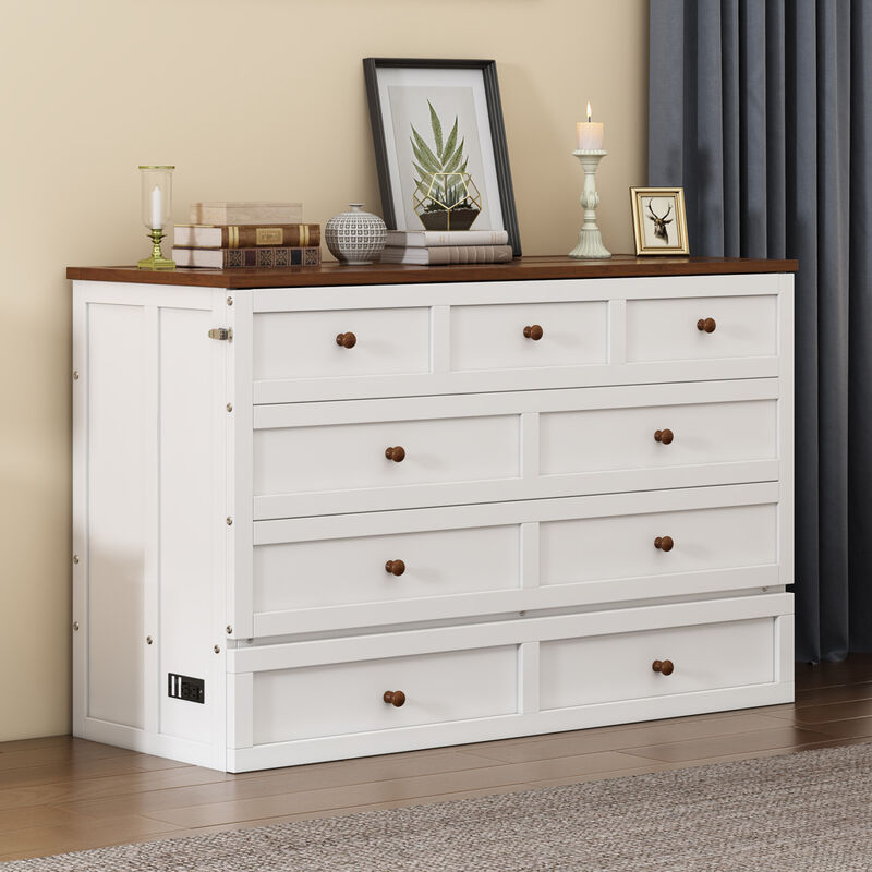 Solid Pine Murphy Bed Chest with Charging Station and Large Storage Drawer for Home Office or Small Room, Queen, White+Walnut
