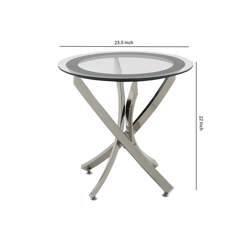 Round Tempered Glass Top End Table with Curved Metal Legs, Silver and Clear-Benzara
