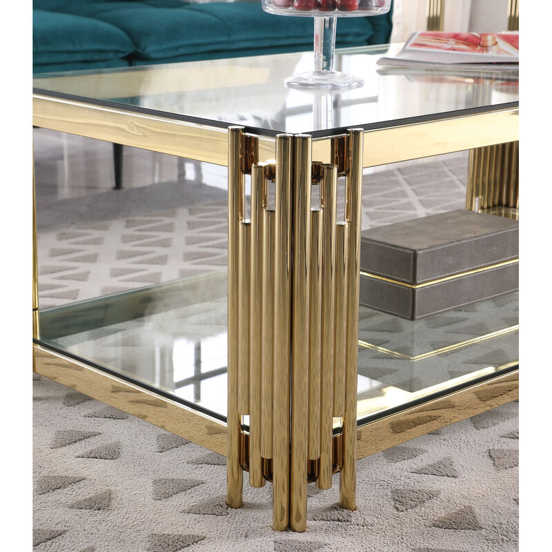 Furniture 48" Wide Rectangular Coffee Table with Glass Top, Golden Stainless Steel Double Layer Coffee Table for Living Room