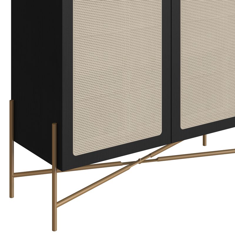 Boho 36"LX43"H Bar Cabinet Gold Iron Leg 2 Rattan Door Sideboard