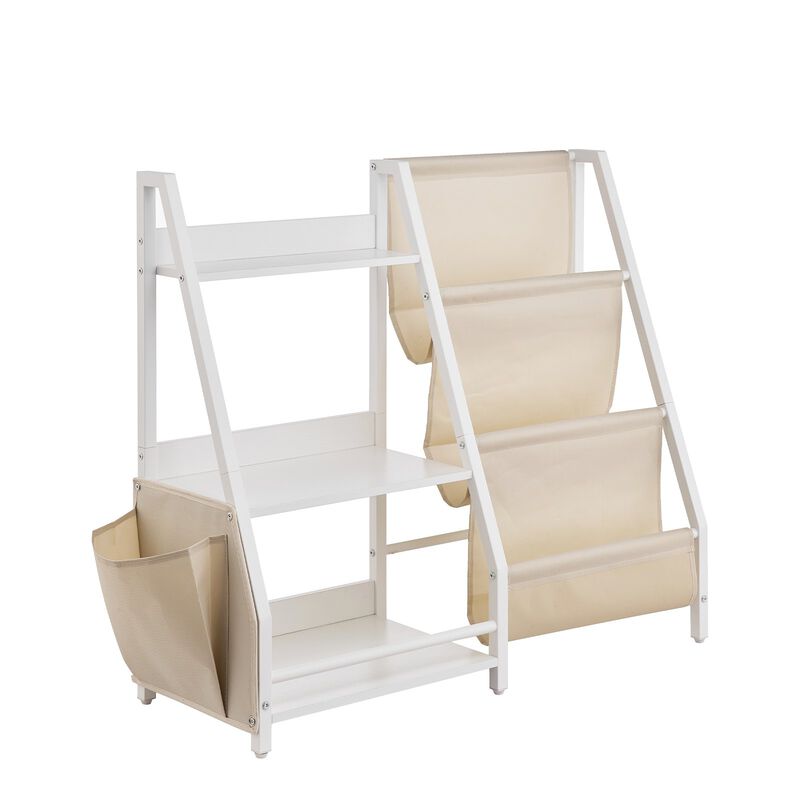 3-Tier White Kids Bookshelf with Sling Book Rack and Toy Storage Organizer image number 0