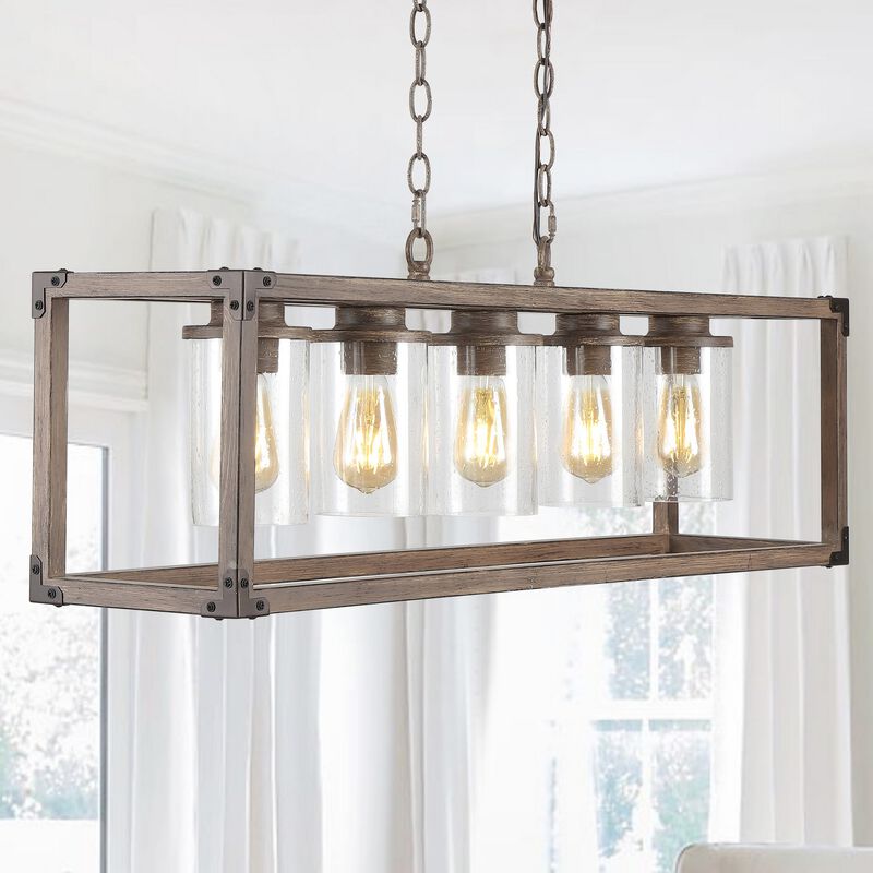 Zeniba 5-Light Linear Adjustable Iron/Seeded Glass Rustic Farmhouse LED Pendant