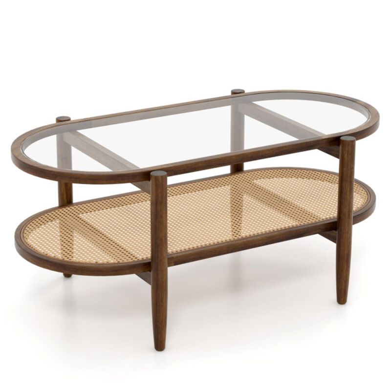 Hivvago 2-Tier Coffee Table with Tempered Glass Tabletop and Acacia Wood Frame