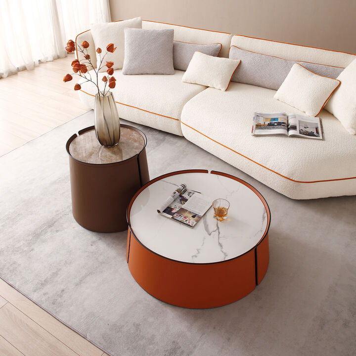 31.5" Coffee Table, Marble Top with Orange Saddle Leather Body and Iron Frame - Stylish and Durable Modern Furniture for Your Living Space