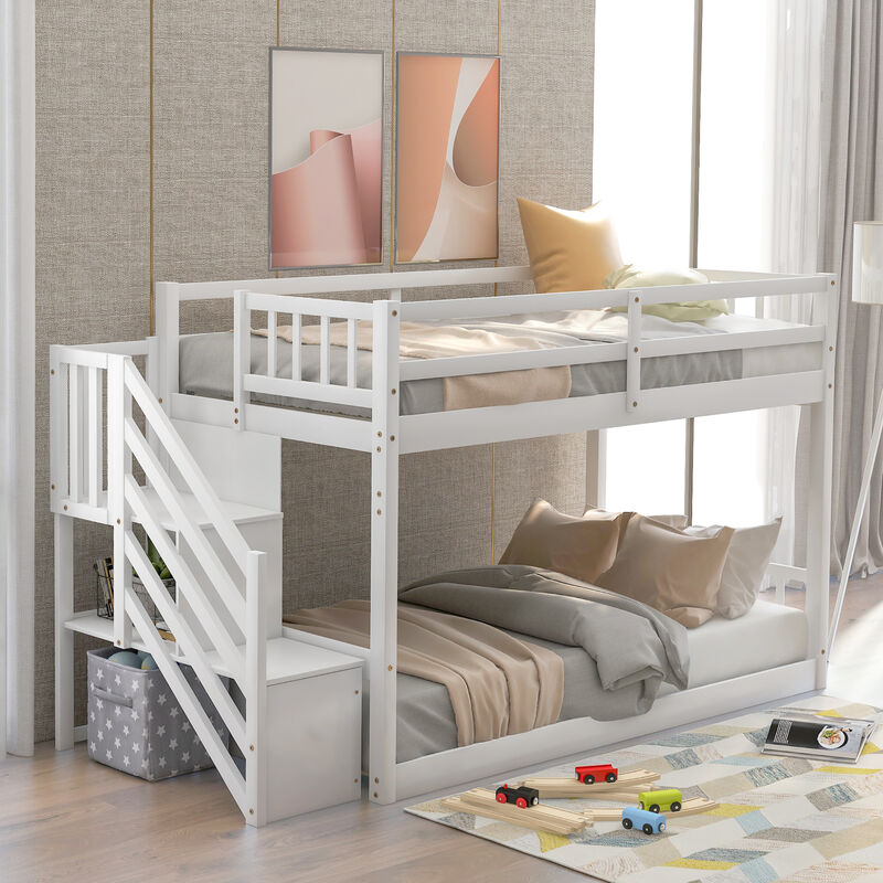 Whisen Twin over Twin Floor Bunk Bed, Ladder with Storage