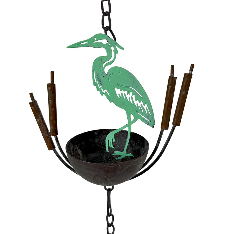 Metal Heron Rain Chain 102in Green Rustic Hanging Downspout Alternative Bell image number 4