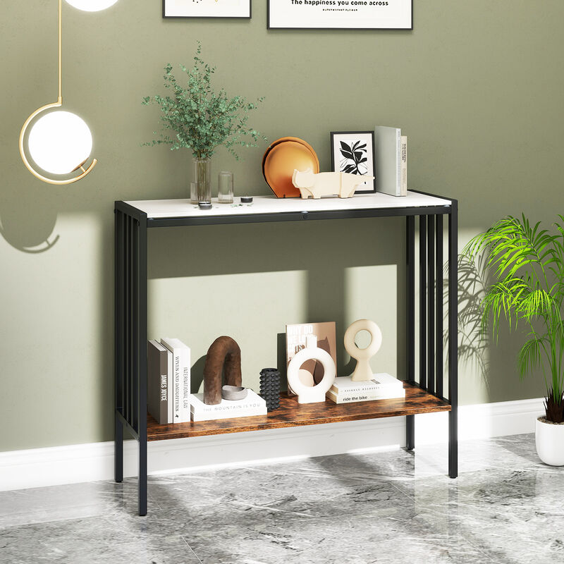 Modern 2-Tier Foyer Table with Sintered Stone Top and Industrial Metal Frame