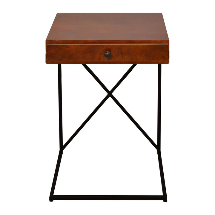 Wooden Sofa Side  Table with 1 Drawer and Metal Frame, Brown and Black-Benzara