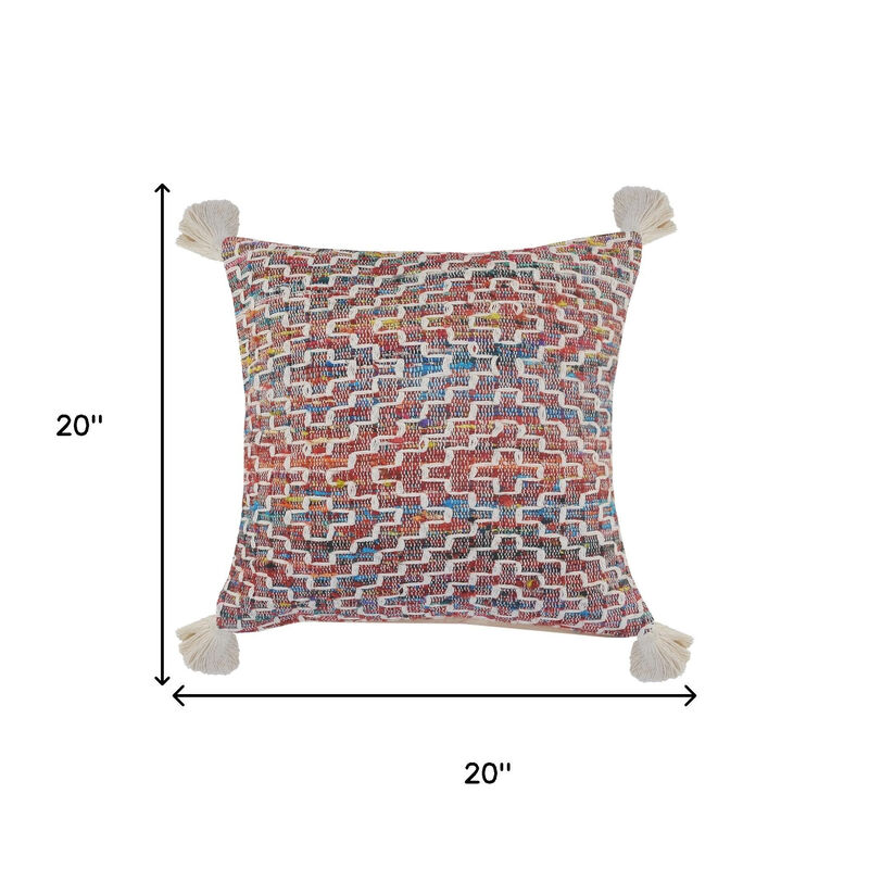 HomeRoots 20" Red Blue And Natural Geometric Polyester Blend Throw Pillow Cover with Tassels image number 5