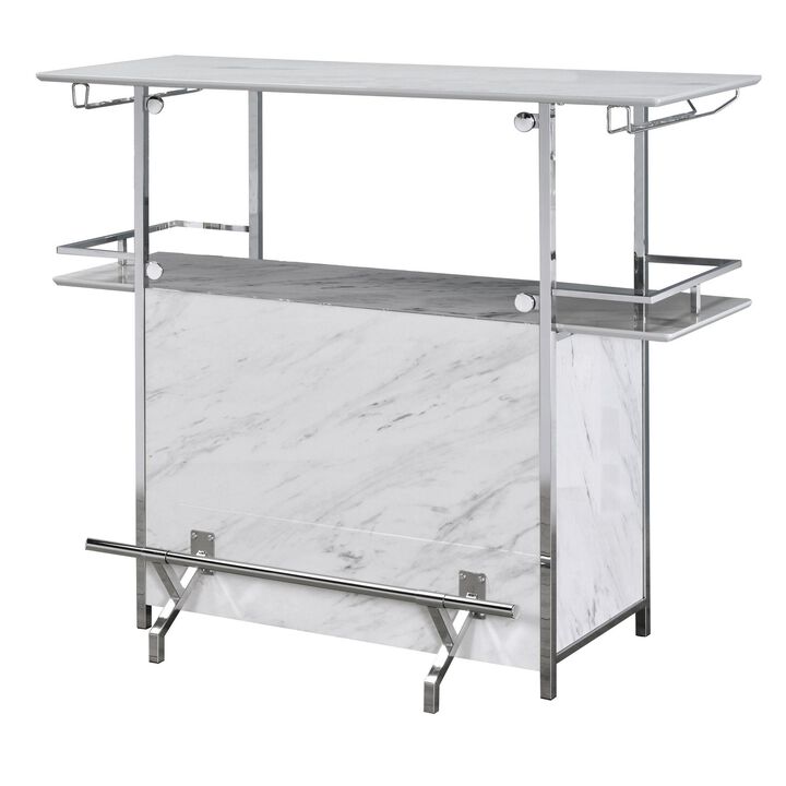 Bar Table with Faux Marble and Chrome Finish, White and Silver