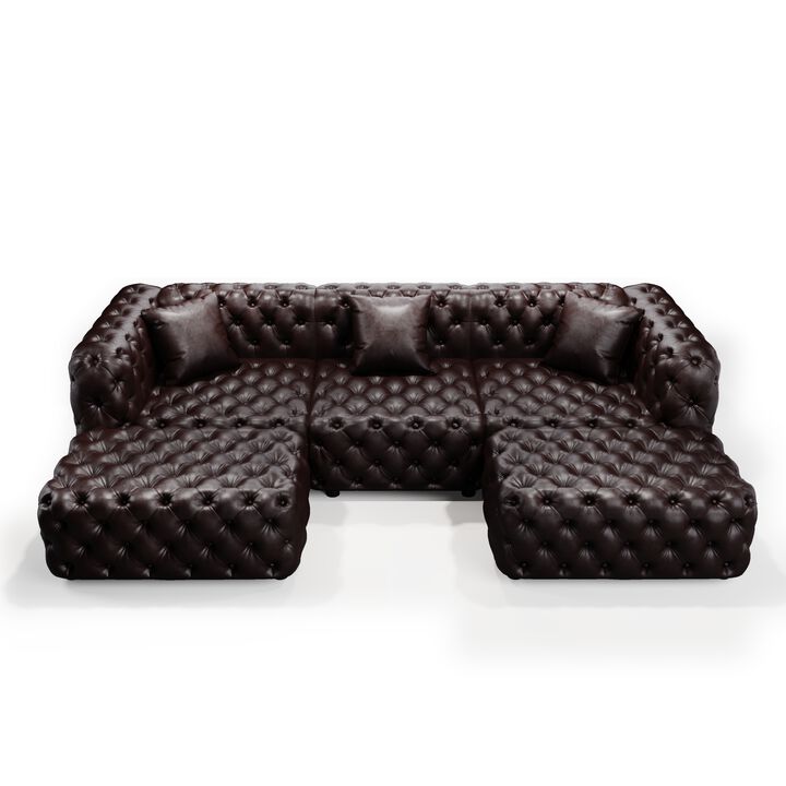 Whisen 105.7" Modern Sectionals, 3-Seat Sofa with 2 Ottomans, Faux Leather Upholstered, for Living Room