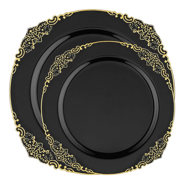 Black with Gold Fancy Round Plastic Dinnerware Value Set (120 Sets)