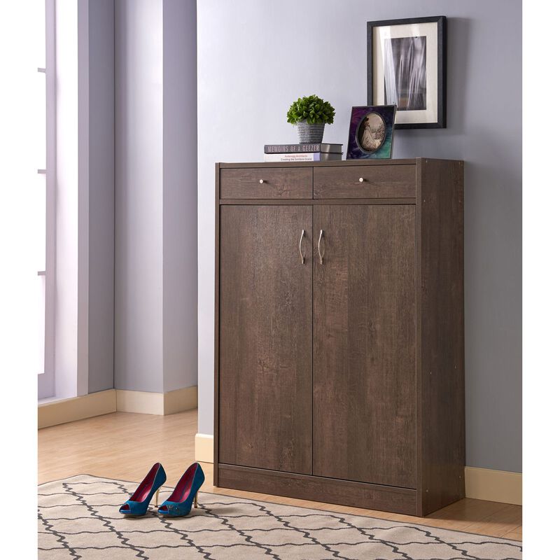 Walnut Oak Shoe Cabinet with 2 Top Drawers Organizer with Spacious Top