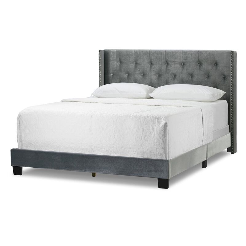 Glamour Home Asali Silver Gray Velvet Queen Bed with Button Tufting and Nail Headed Wings