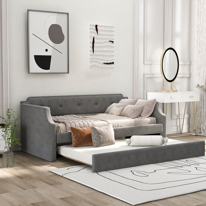 Whisen Twin Size Upholstered Daybed, Sofa Bed with Trundle and Padded Back