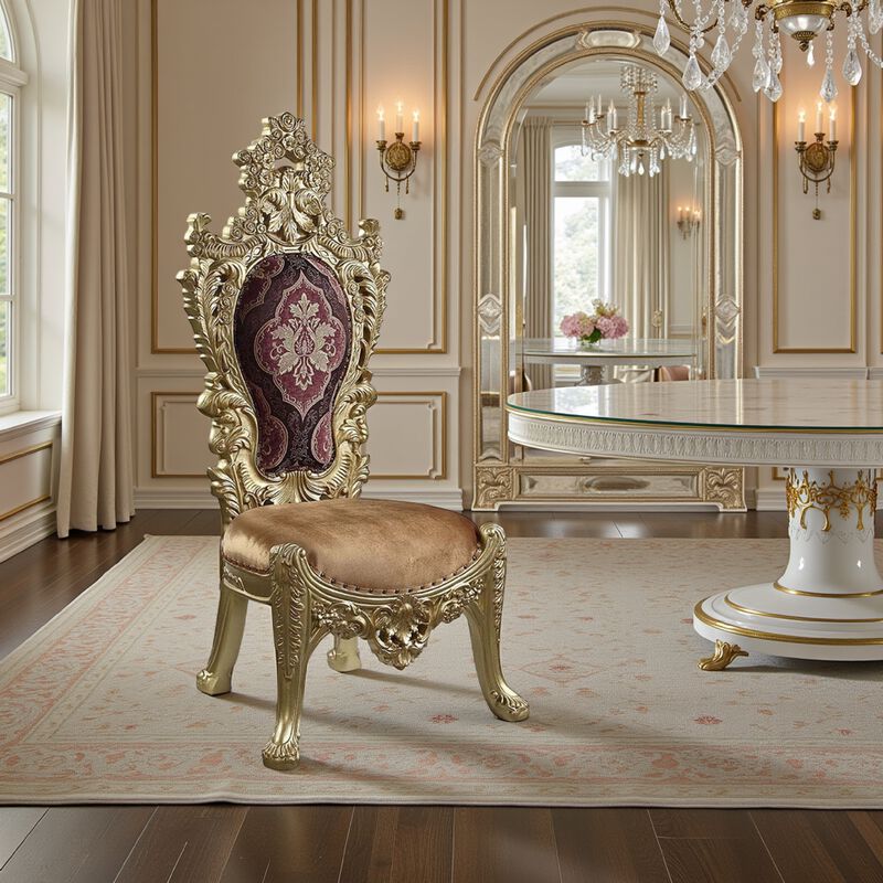 Rexx Side Dining Chair Set of 2, Crown Top, Nailhead Trim Gold and Red - Benzara