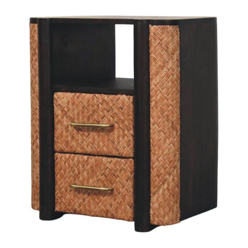 Artisan Furniture Solid Wood Rattan Curve Edge Nightstand,2-Drawers,1-Shelf