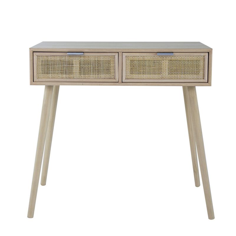 Pia 32 Inch Wood Console Table, 2 Drawers, Woven Rattan, Natural Brown