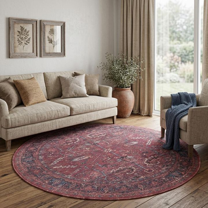 HomeRoots Round Floral Power Loom Distressed Area Rug