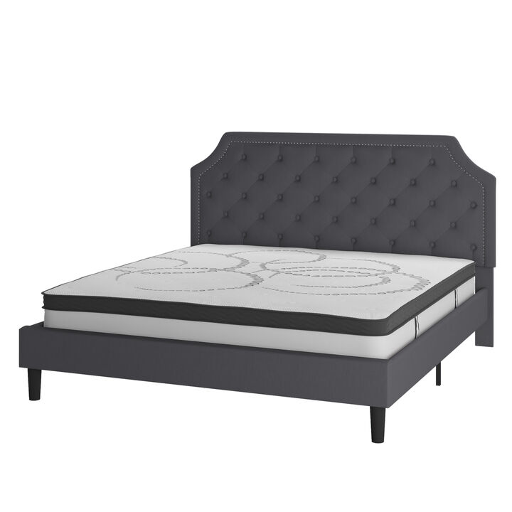 Brighton King Size Tufted Upholstered Platform Bed in Dark Gray Fabric with 10 Inch CertiPUR-US Certified Pocket Spring Mattress