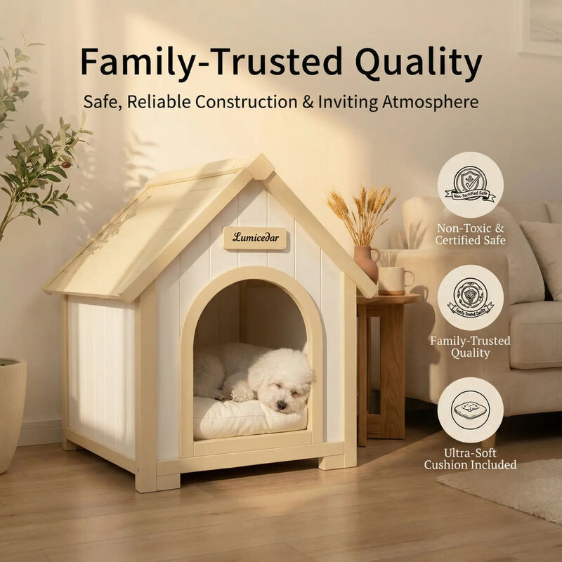 Solid Cedar Pet House, Cream Yellow Cabin Style Indoor Shelter for Small Dogs & Cats image number 5