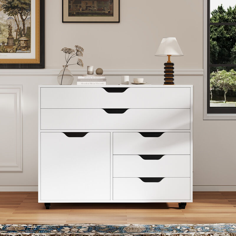 Modern Vertical 5-Drawer Mobile Chest with Door and 5 Casters for Flexible and Efficient Storage