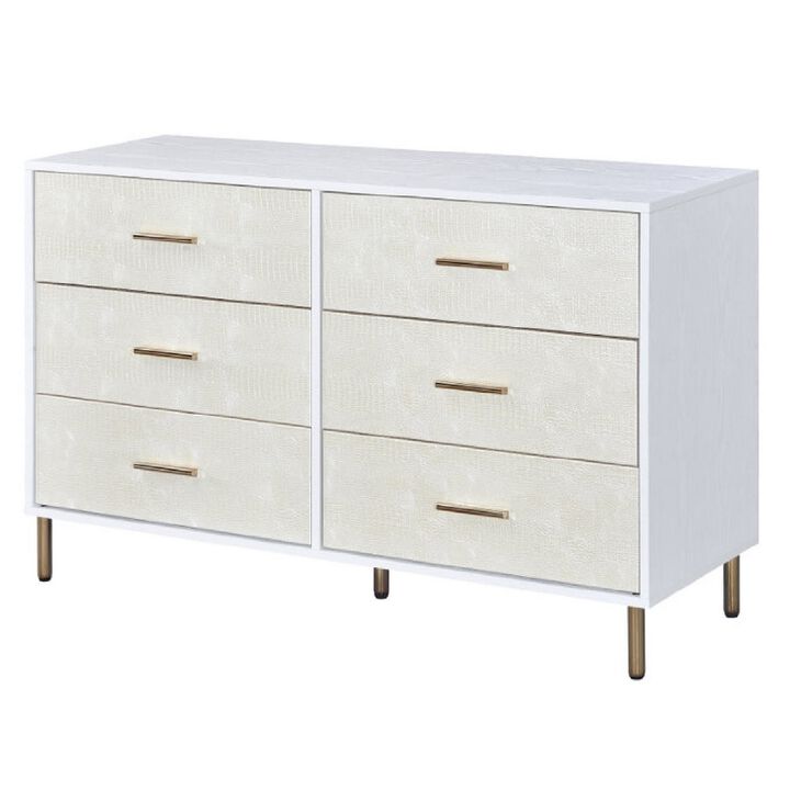 Emily 47 Inch Wood Side Dresser with 6 Drawers, Metal Bar Handles, White-Benzara