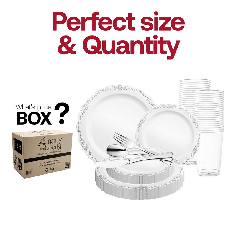 White with Silver Vintage Rim Round Plastic Wedding Value Set (30 Sets) image number 3