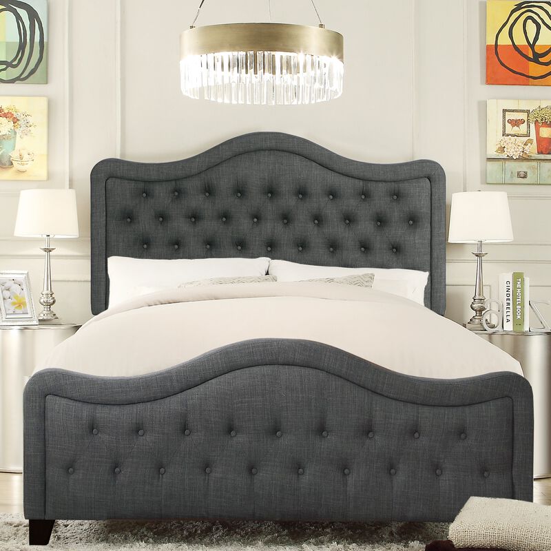 Upholstered Bed with Curved Headboard and Footboard Button Tufted Platform Bed Sturdy Solid Wood Frame
