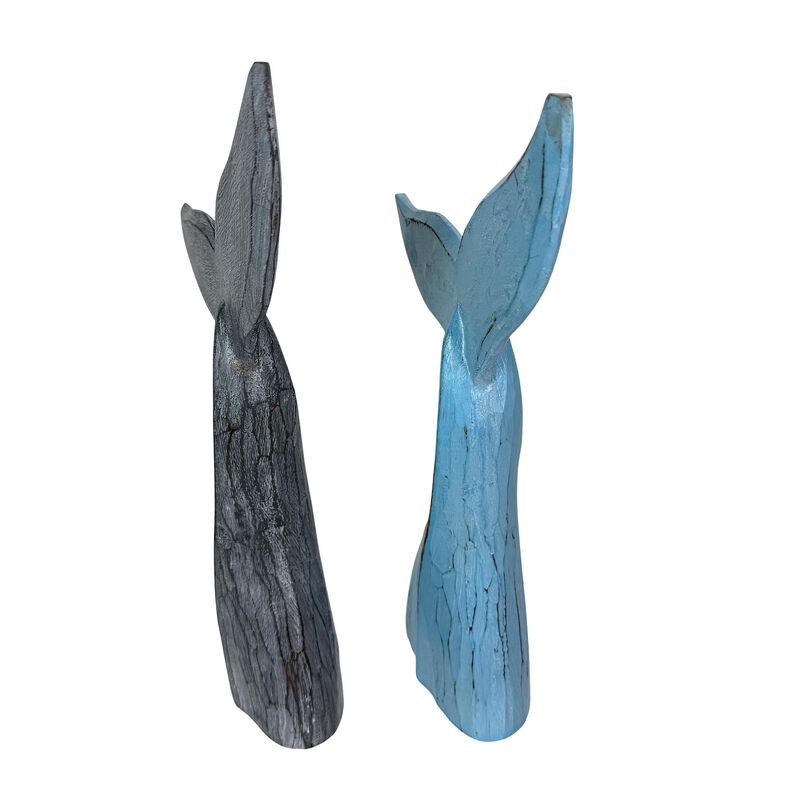 Wood Whale Tail Statues Set Of 2 Coastal Blue Gray 1575 In Decor image number 2