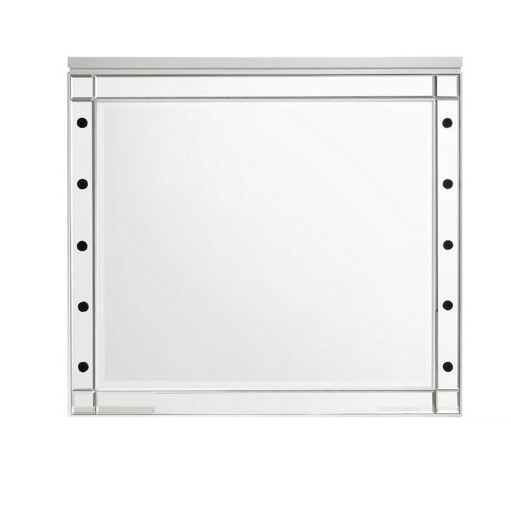 Lee 37 x 40 Vanity Mirror, 10 Light Bulb Sockets, Modern White Wood Frame - Benzara