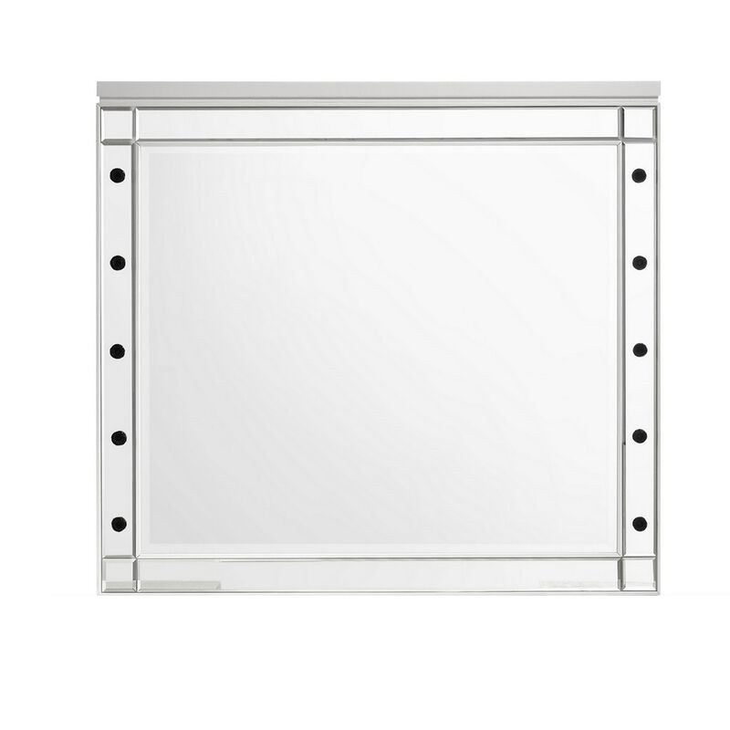 Lee 37 x 40 Vanity Mirror, 10 Light Bulb Sockets, Modern White Wood Frame - Benzara