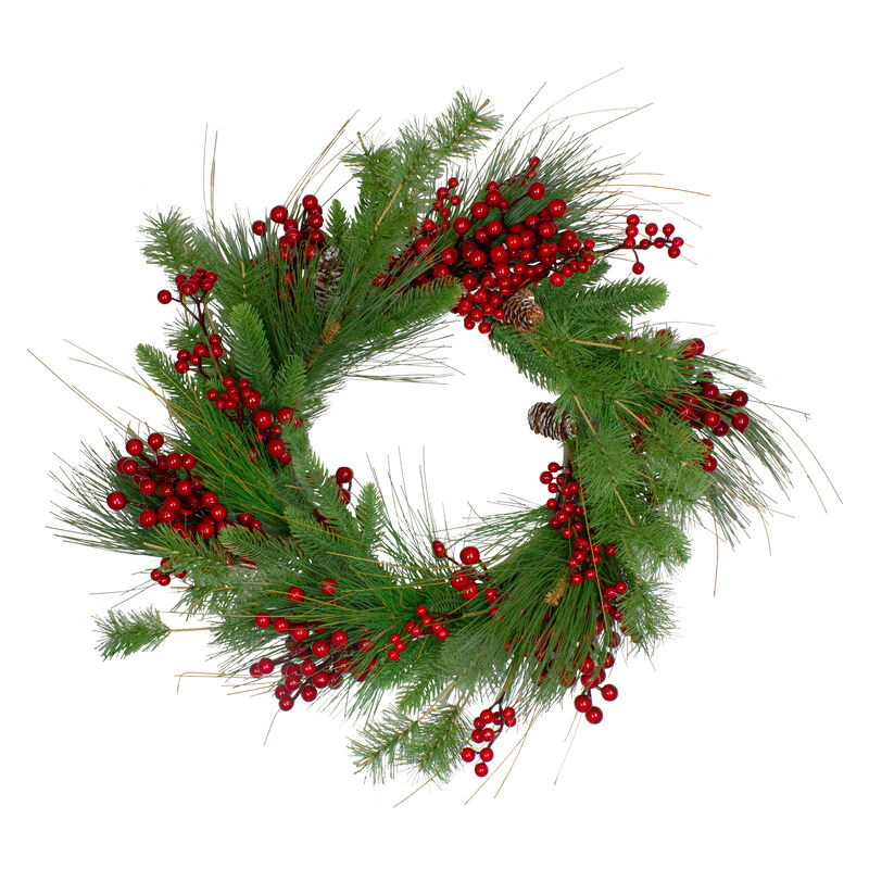 24-Inch Mixed Pine and Red Berry Artificial Christmas Wreath - Unlit image number 0