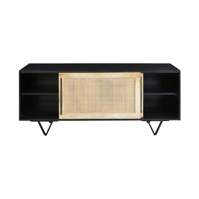 Handcrafted 60-Inch TV Media Console with Rattan Sliding Doors - Natural Brown And Matte Black Finish