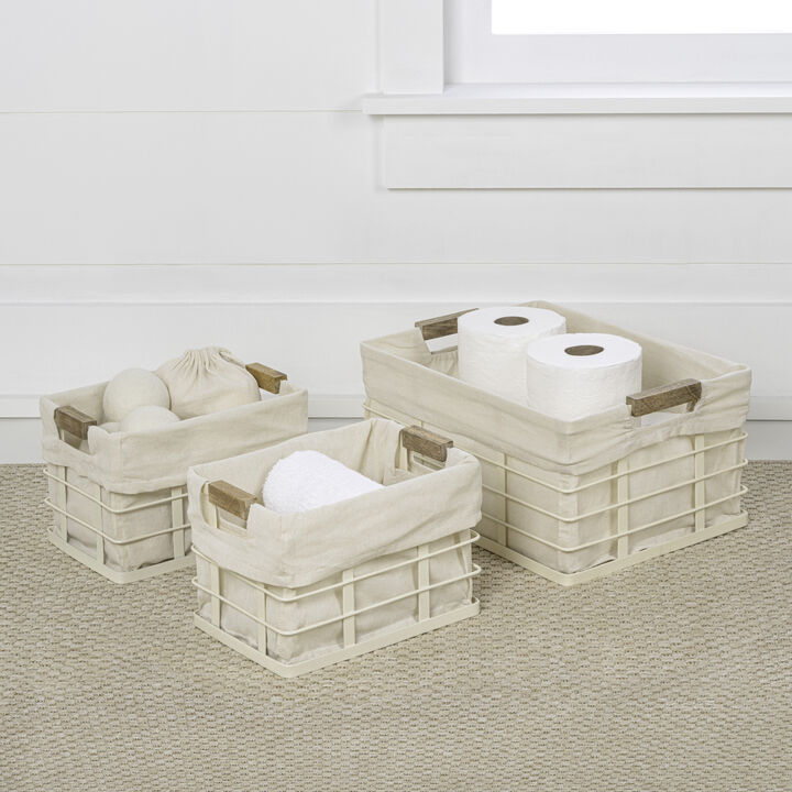 Callan Vintage Industrial Handmade Wire Metal Nesting Storage Baskets with Wood Handles and Fabric Liner