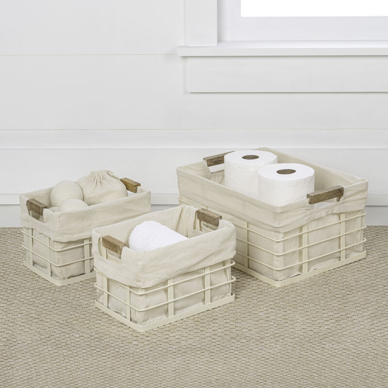 Callan Vintage Industrial Handmade Wire Metal Nesting Storage Baskets with Wood Handles and Fabric Liner