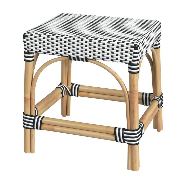 Butler Specialty Robias Rattan Rectangular 18 Dining Stool, White and Black Dot