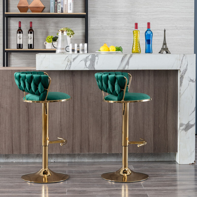Set of 2 Bar Stools, with Chrome Footrest and Base Swivel Height Adjustable Mechanical Lifting Velvet + Golden Leg Simple Bar Stool-Green