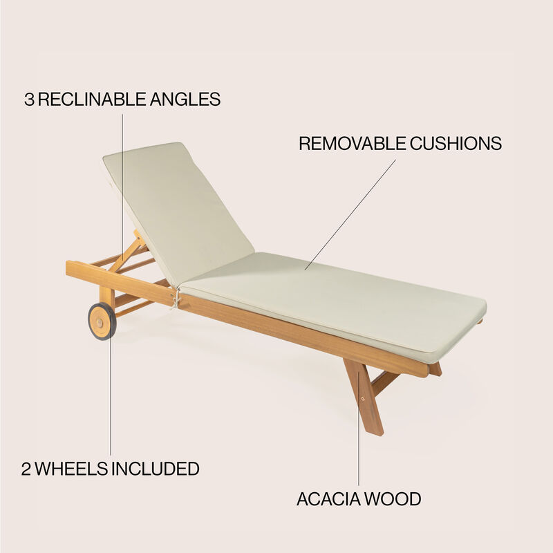 Mallorca Modern Classic Adjustable Acacia Wood Chaise Outdoor Lounge Chair with Cushion & Wheels image number 6