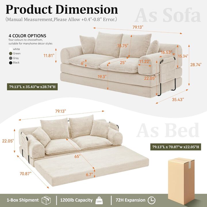 79" Corduroy 5-in-1 Convertible Sleeper Sofa Bed, Multi-Functional Folding Futon Couch, Living Room
