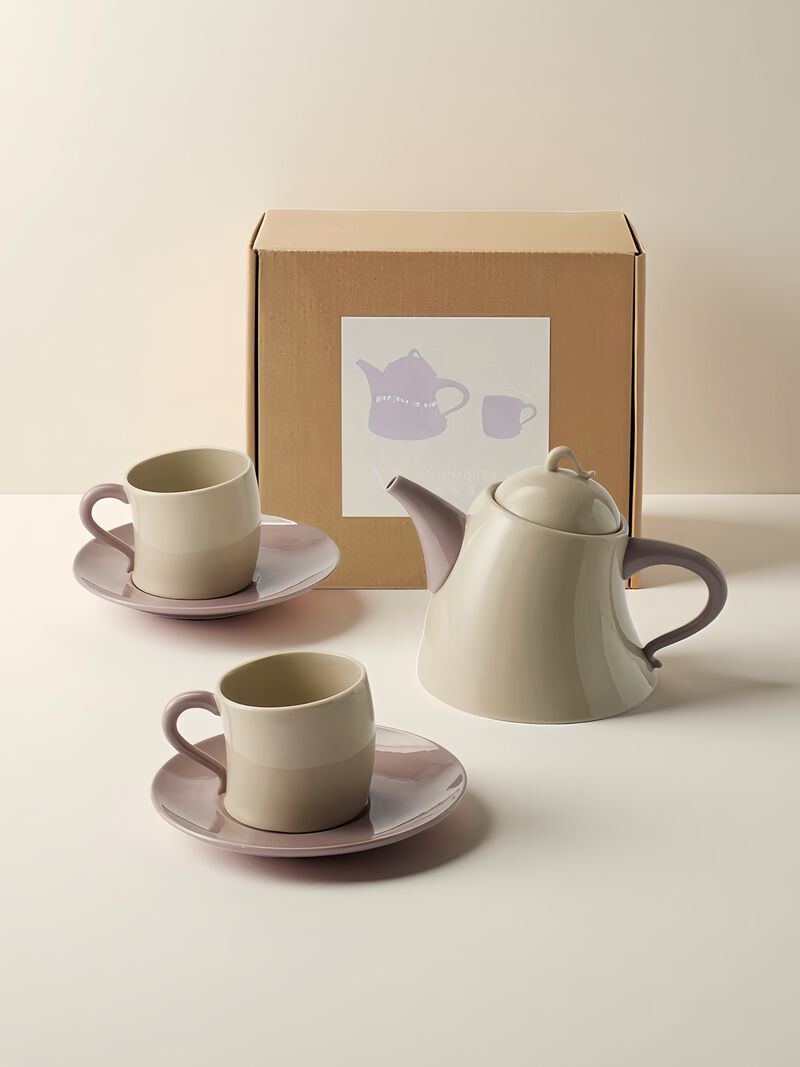 Postmodern Wiggle Ceramic Tea Set of 5 with 1 Teapot 2 Mugs & 2 Saucers image number 0