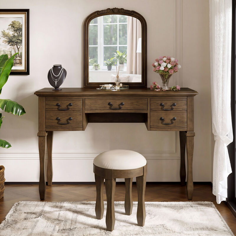 Merax 5-Drawer Vintage Vanity Table with Floral Carvings, Espresso Finish, Antique Metal Hardware image number 2
