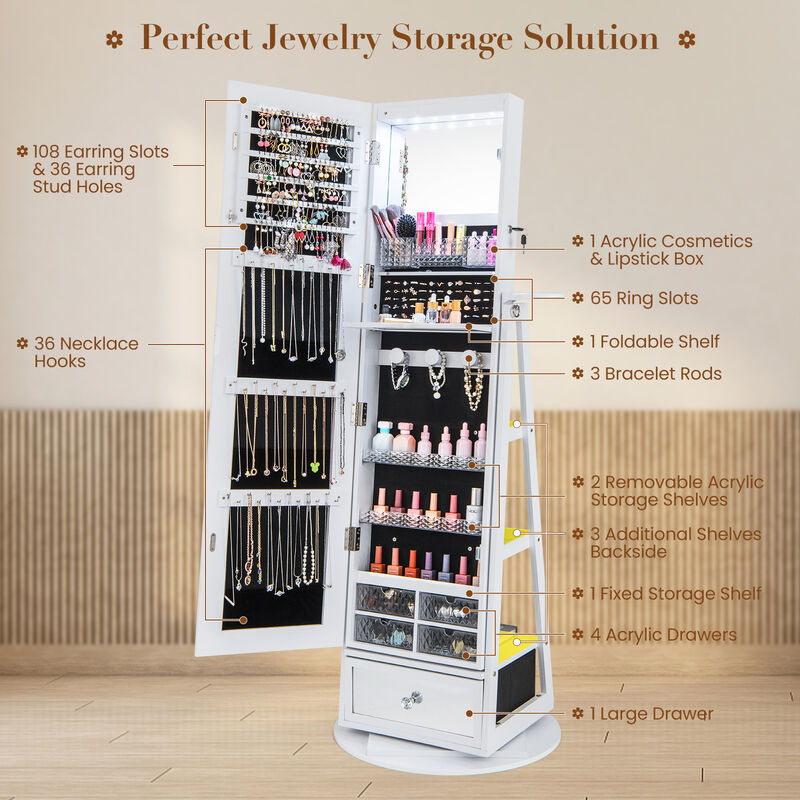 Lockable 360� Swivel Jewelry Cabinet with Full-Length Mirror LED Lights-White