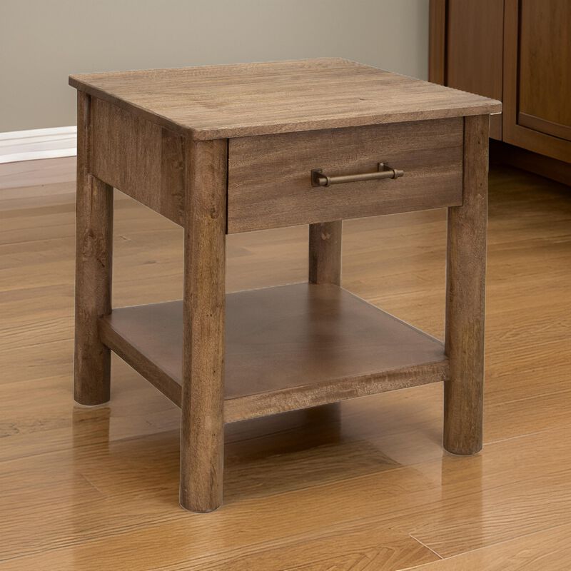 Olum 26 Inch Chairside Table, Drawer, Lower Shelf, Square Top, Wood, Brown