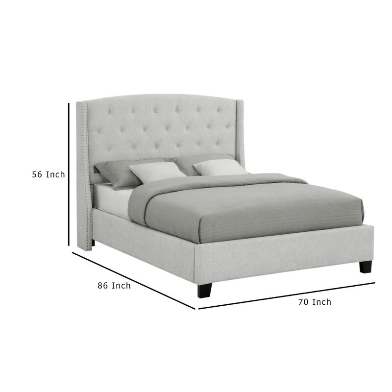 Elle Queen Size Bed, Tufted Wingback Headboard, Dove Gray Upholstery